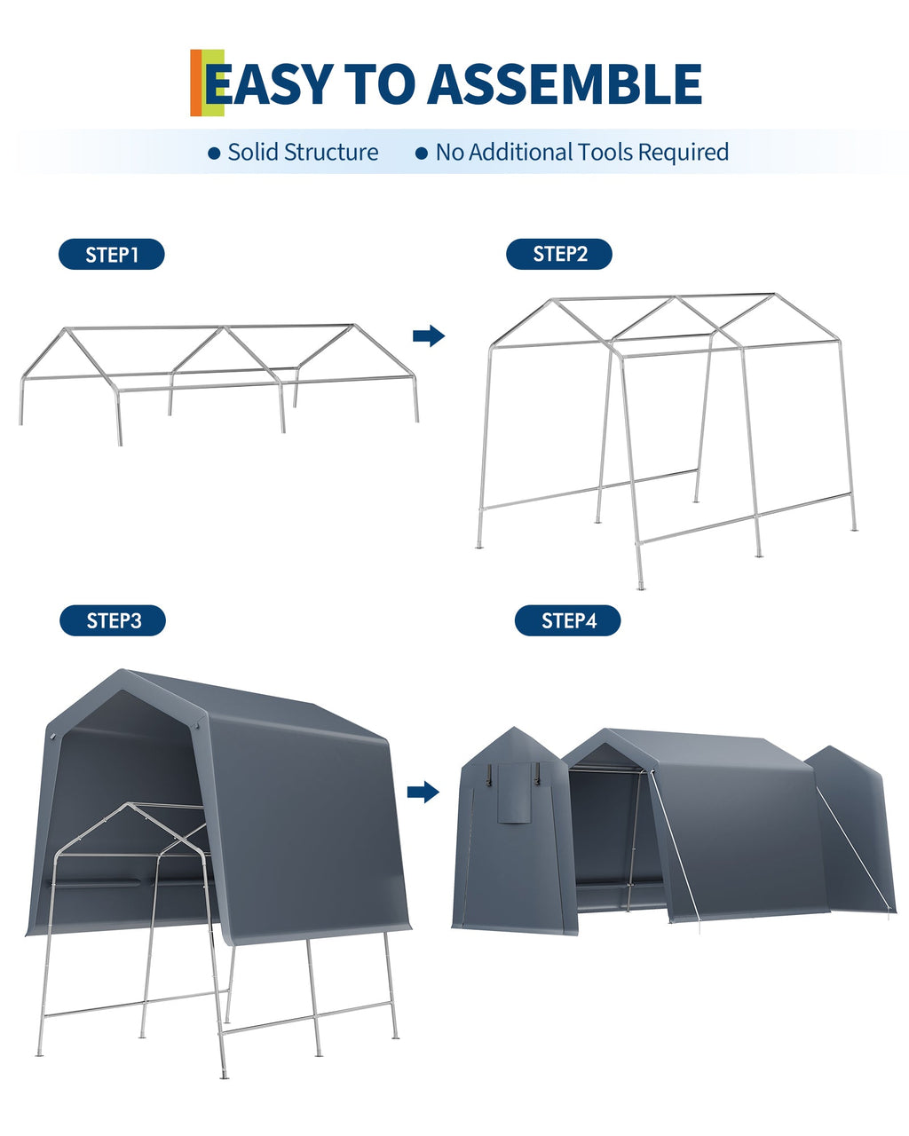Garvee 7x10 FT Portable Outdoor Storage Shed – Dual Roll-Up Zipper Doors, Vented, 240G Waterproof UV-Resistant PE Tarp, Steel Frame, Gray Shelter