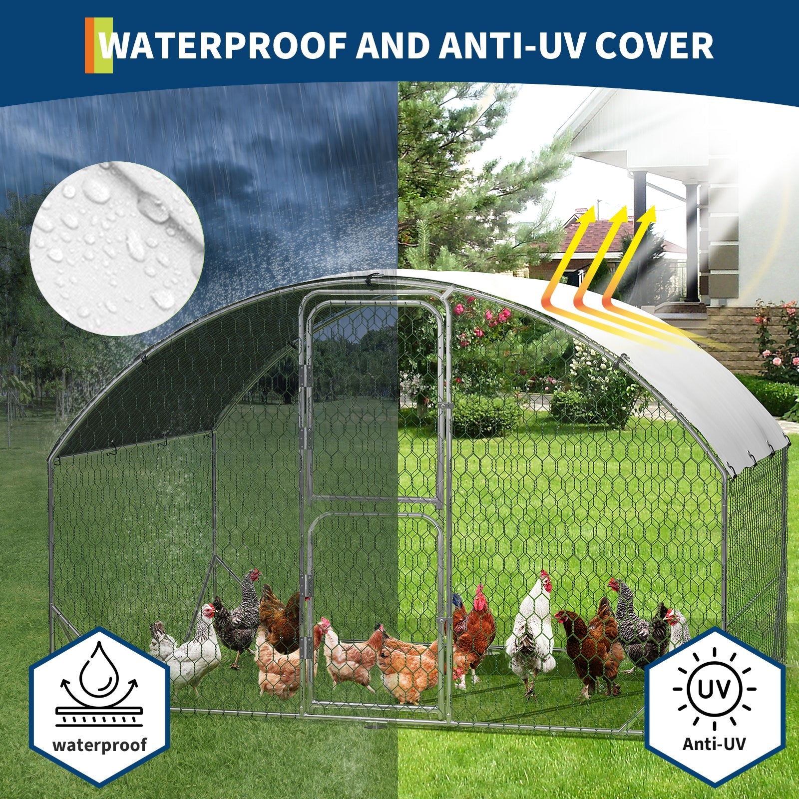 Garvee Heavy Duty Metal Chicken Coop with Run and Upgraded Dome Roof – Outdoor Walk-In Poultry Cage, Waterproof UV-Resistant Cover, Double Doors, Ideal for Chickens, Ducks, Geese, Rabbits – 9.8' W x 6.5' D x 6.5' H