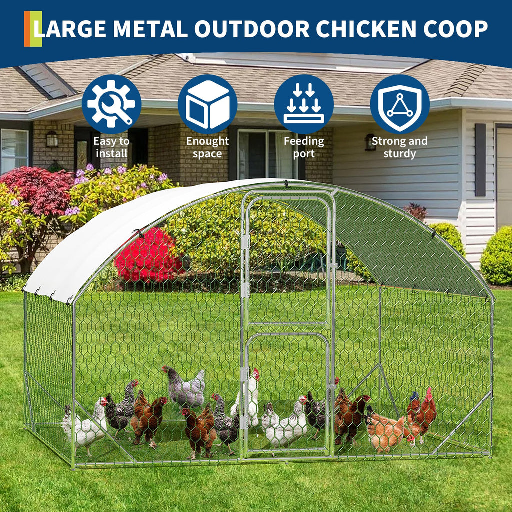 Garvee Heavy Duty Metal Chicken Coop with Run and Upgraded Dome Roof – Outdoor Walk-In Poultry Cage, Waterproof UV-Resistant Cover, Double Doors, Ideal for Chickens, Ducks, Geese, Rabbits – 9.8' W x 6.5' D x 6.5' H