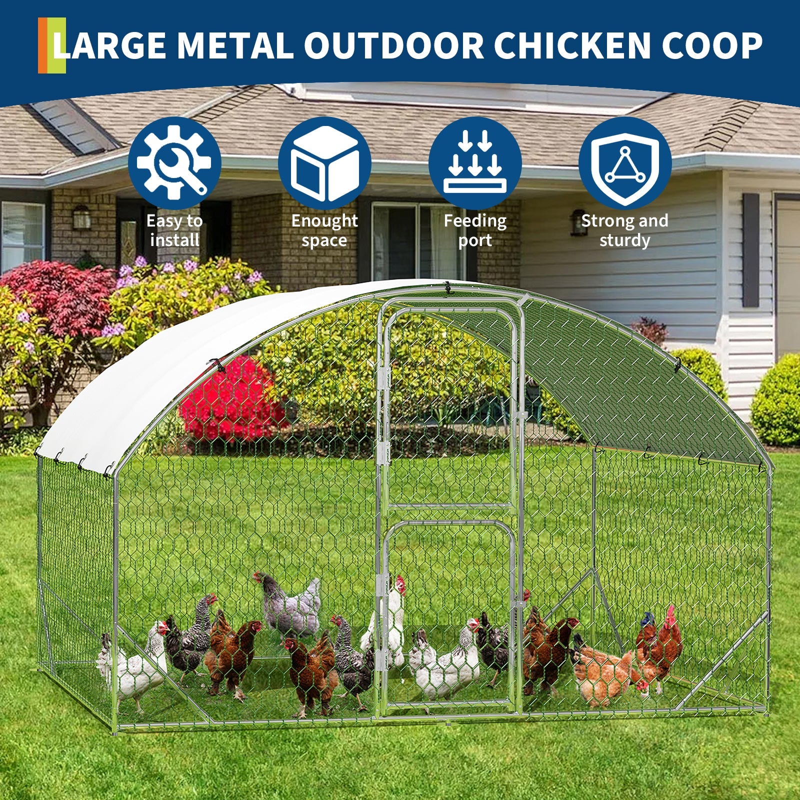 Garvee Heavy Duty Metal Chicken Coop with Run and Upgraded Dome Roof – Outdoor Walk-In Poultry Cage, Waterproof UV-Resistant Cover, Double Doors, Ideal for Chickens, Ducks, Geese, Rabbits – 9.8' W x 6.5' D x 6.5' H