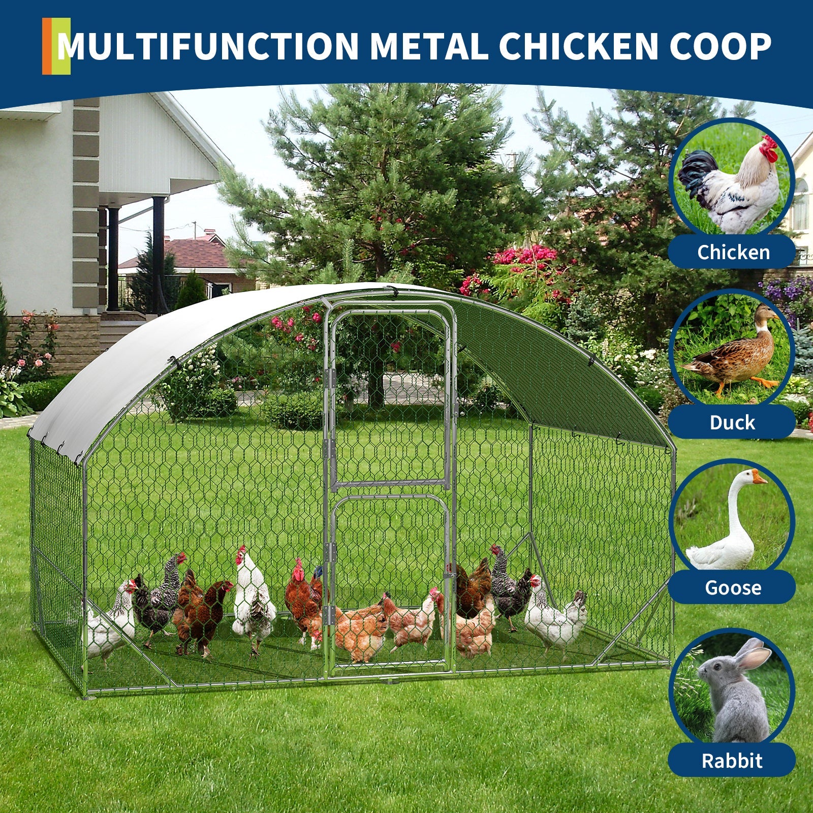 Garvee Heavy Duty Metal Chicken Coop with Run and Upgraded Dome Roof – Outdoor Walk-In Poultry Cage, Waterproof UV-Resistant Cover, Double Doors, Ideal for Chickens, Ducks, Geese, Rabbits – 9.8' W x 6.5' D x 6.5' H