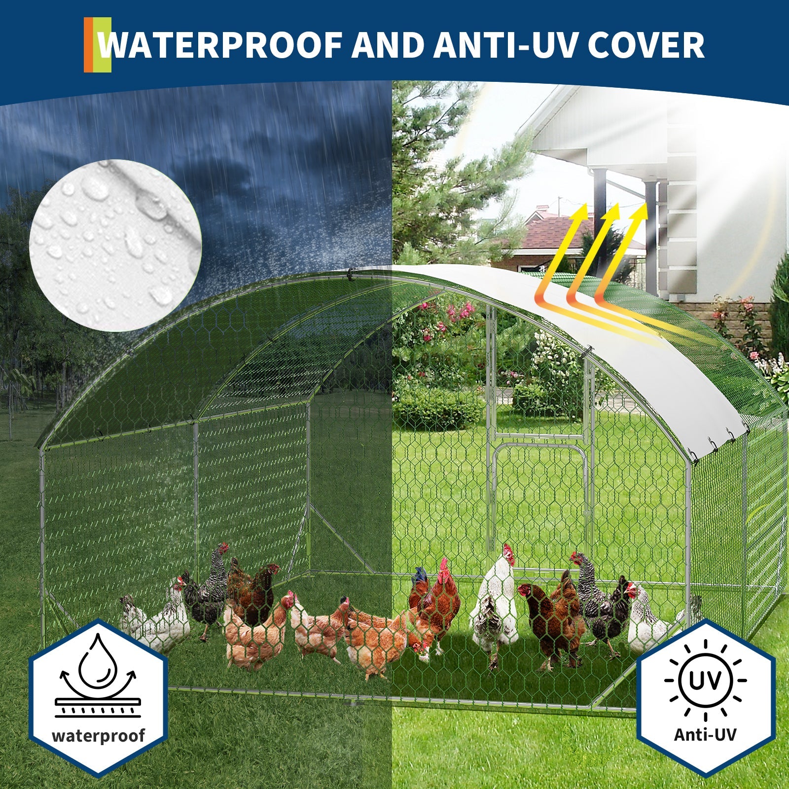 Garvee Heavy Duty Walk-In Metal Chicken Coop with Run – Outdoor Farm Hen House, Waterproof UV-Resistant Cover, Double Doors, Secure for Chickens, Ducks, Geese, Rabbits – 9.8' W x 13.1' D x 6.6' H