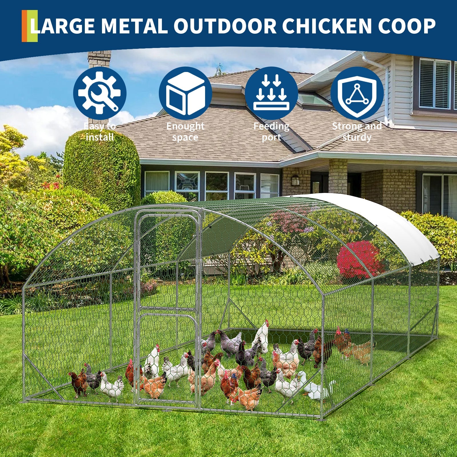 Garvee Heavy Duty Walk-In Metal Chicken Coop with Run and Dome Roof – Secure Poultry Cage, Waterproof UV-Resistant Cover, Double Doors, For Chickens, Ducks, Rabbits, Geese – 9.8' W x 19.7' L x 6.6' H