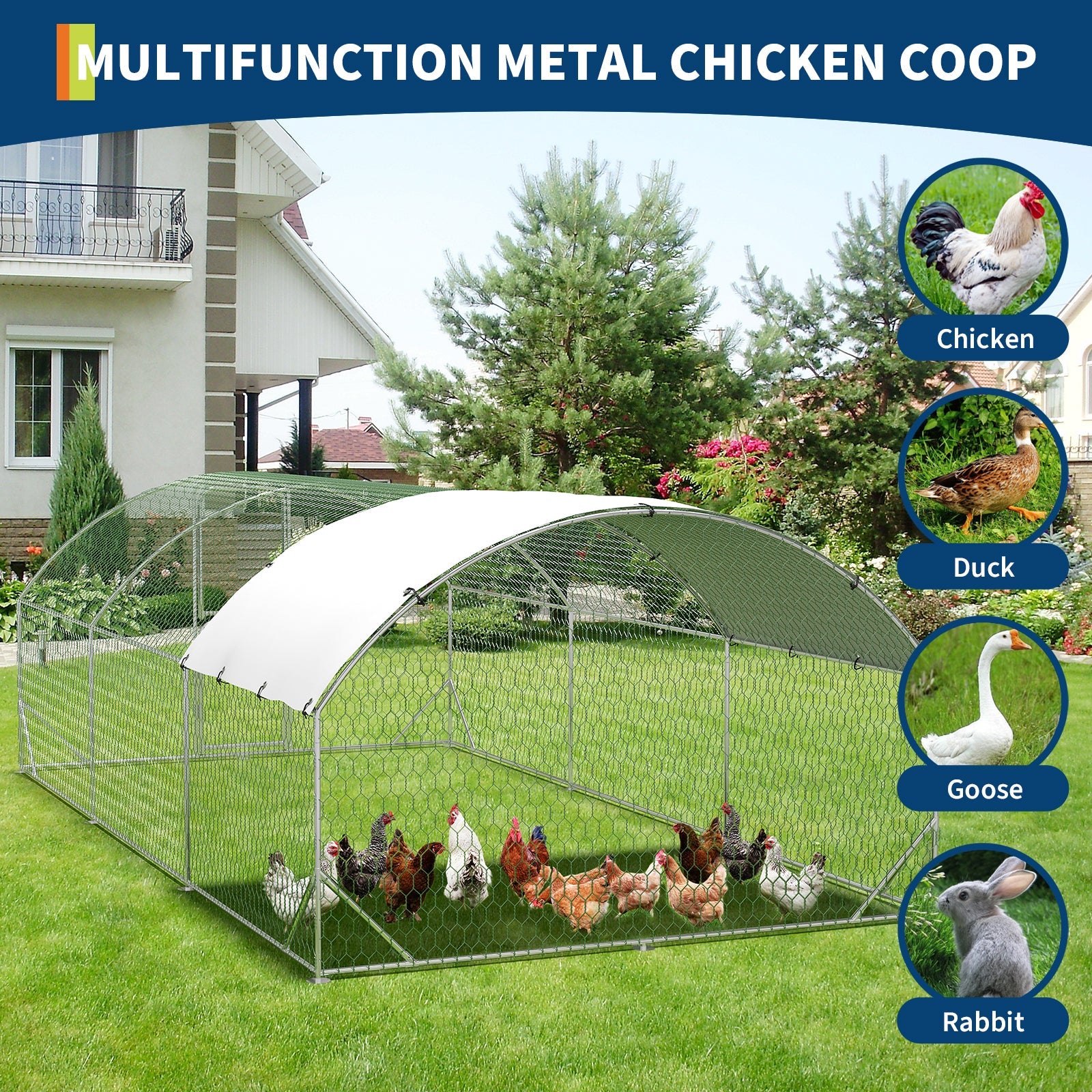 Garvee Heavy Duty Walk-In Metal Chicken Coop with Run and Dome Roof – Secure Poultry Cage, Waterproof UV-Resistant Cover, Double Doors, For Chickens, Ducks, Rabbits, Geese – 9.8' W x 19.7' L x 6.6' H