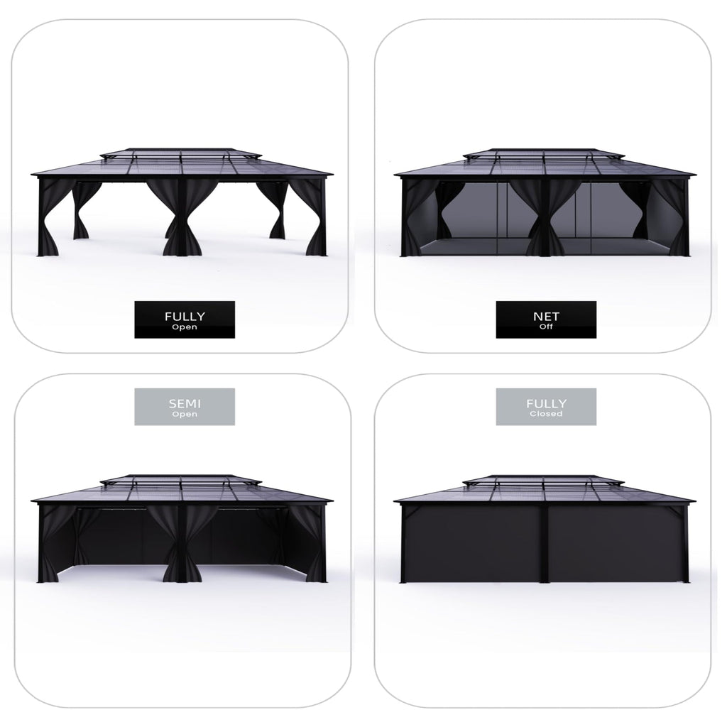 Garvee Hardtop Gazebo 12'x20' Double Polycarbonate Roof Aluminum Alloy Frame Curtains & Net Gray Patio Deck Backyard