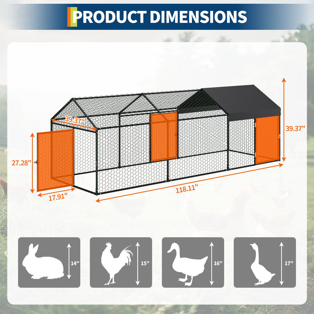 Garvee Large Metal Chicken Coop, Chicken Runs for Yard with Waterproof and Anti-UV Cover, Portable chicken coop for Outdoor Chicken Rabbit Duck, Black, 120"×40"×40"