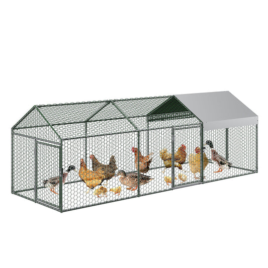 Garvee Metal Chicken Coop with Waterproof and Anti-UV Cover, 120" x40" x40" Large Chicken Run with 3 Doors, Outdoor Hen House for Yard, Walk In Poultry Cage for Rabbit Duck Goose, Silver