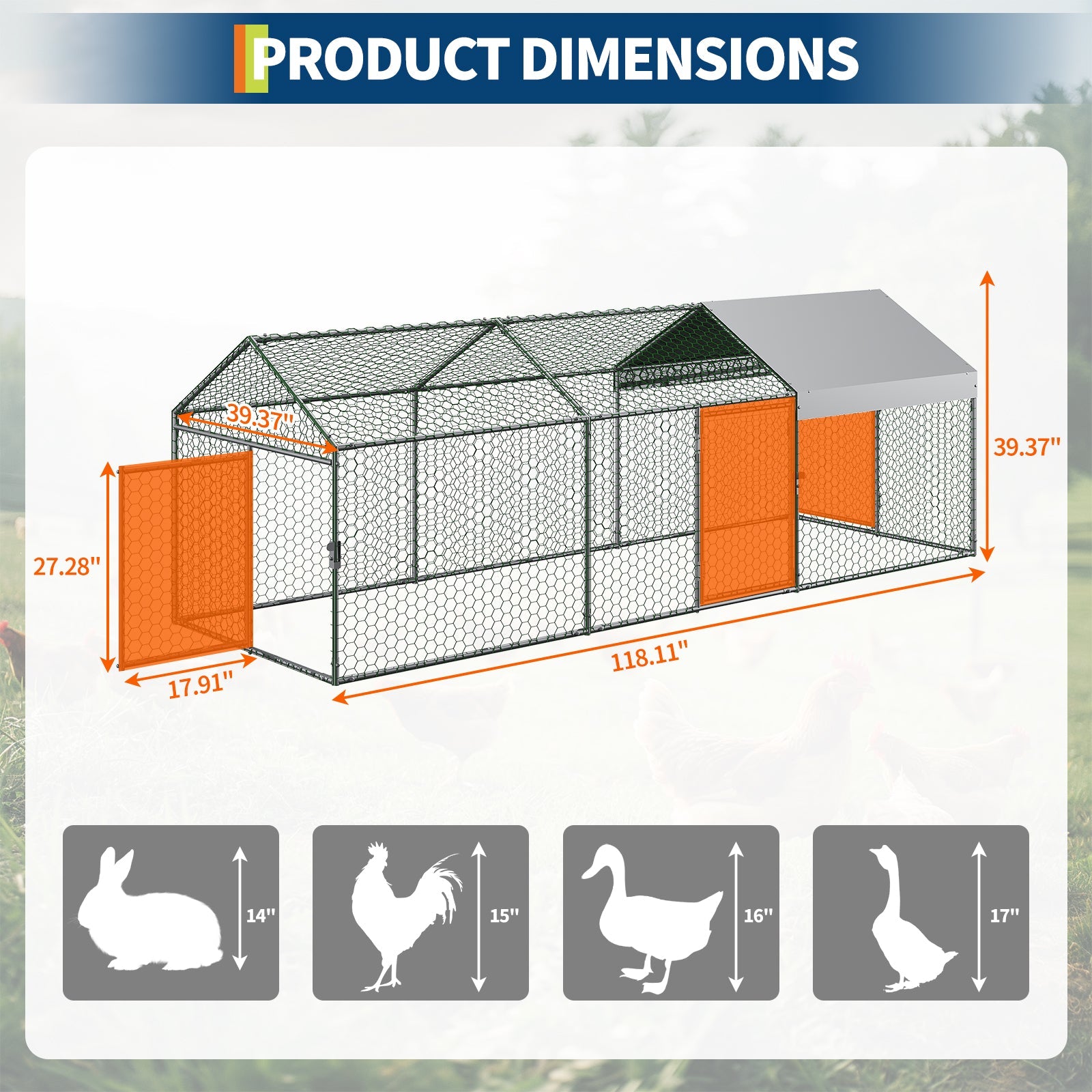 Garvee Metal Chicken Coop with Waterproof and Anti-UV Cover, 120" x40" x40" Large Chicken Run with 3 Doors, Outdoor Hen House for Yard, Walk In Poultry Cage for Rabbit Duck Goose, Silver