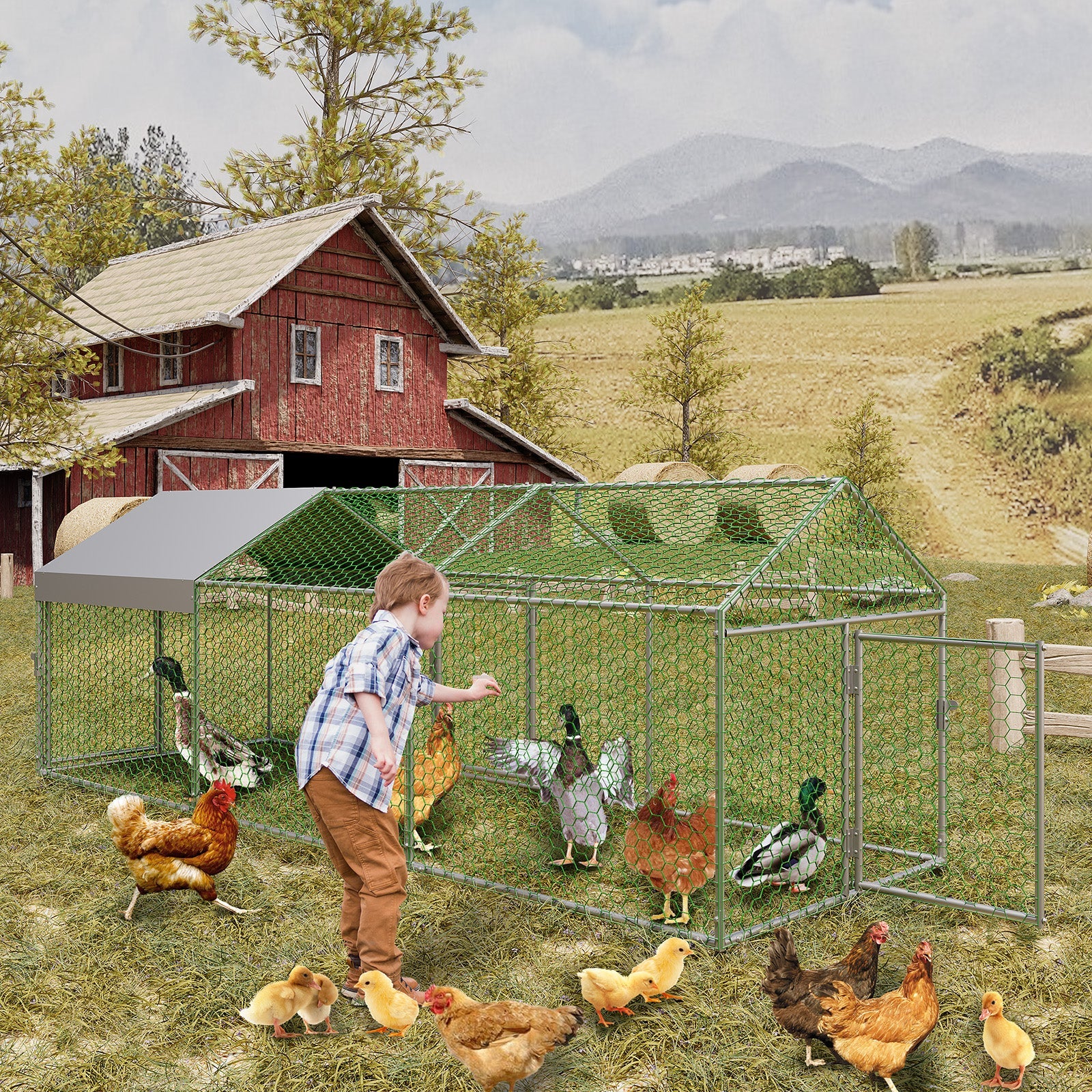 Garvee Metal Chicken Coop with Waterproof and Anti-UV Cover, 120" x40" x40" Large Chicken Run with 3 Doors, Outdoor Hen House for Yard, Walk In Poultry Cage for Rabbit Duck Goose, Silver