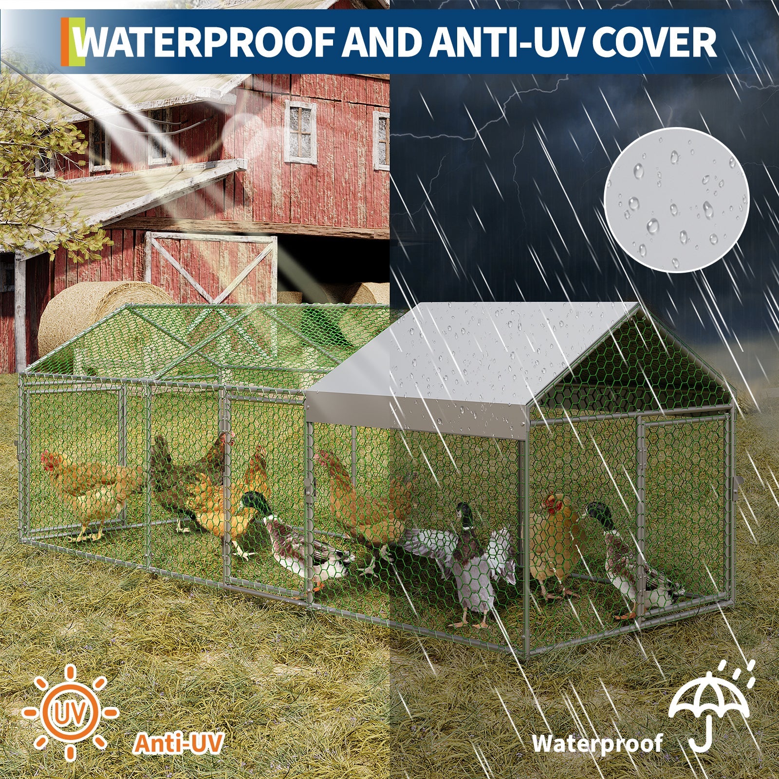 Garvee Metal Chicken Coop with Waterproof and Anti-UV Cover, 120" x40" x40" Large Chicken Run with 3 Doors, Outdoor Hen House for Yard, Walk In Poultry Cage for Rabbit Duck Goose, Silver