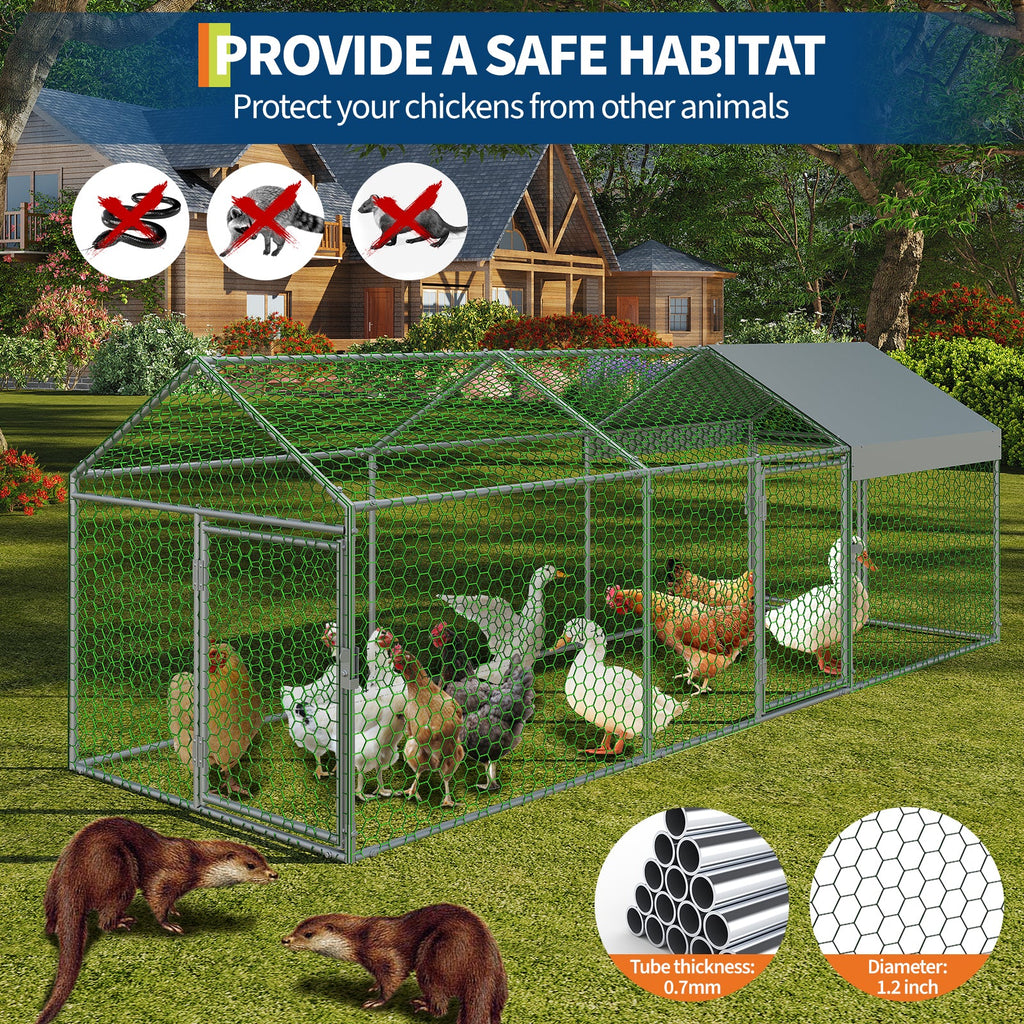 Garvee Metal Chicken Coop with Waterproof and Anti-UV Cover, 120" x40" x40" Large Chicken Run with 3 Doors, Outdoor Hen House for Yard, Walk In Poultry Cage for Rabbit Duck Goose, Silver