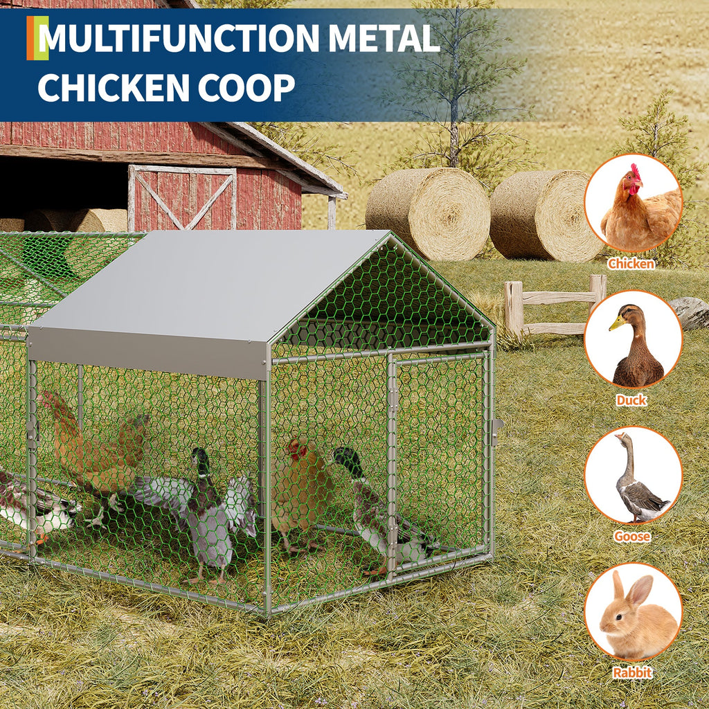 Garvee Metal Chicken Coop with Waterproof and Anti-UV Cover, 120" x40" x40" Large Chicken Run with 3 Doors, Outdoor Hen House for Yard, Walk In Poultry Cage for Rabbit Duck Goose, Silver