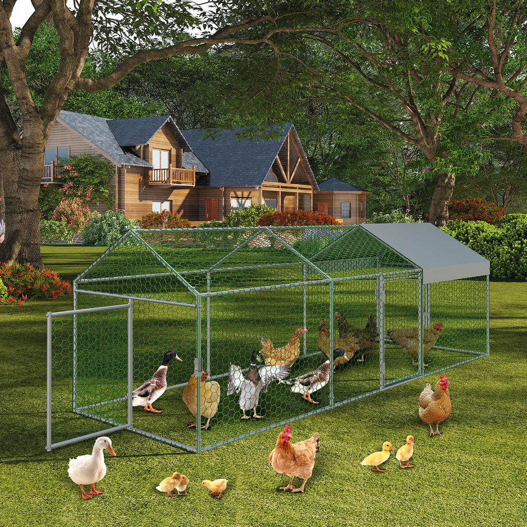 Garvee Metal Chicken Coop with Waterproof and Anti-UV Cover, 120" x40" x40" Large Chicken Run with 3 Doors, Outdoor Hen House for Yard, Walk In Poultry Cage for Rabbit Duck Goose, Silver