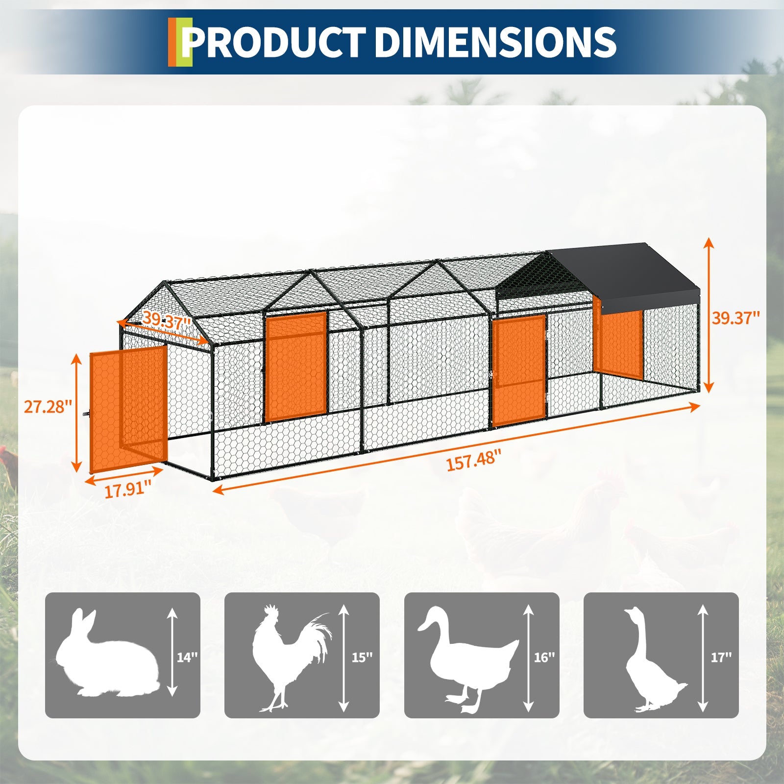 Garvee Metal Chicken Coop with Waterproof and Anti-UV Cover, 160" x40" x40" Large Chicken Run with 4 Doors, Outdoor Hen House for Yard, Walk In Poultry Cage for Rabbit Duck Goose, Black