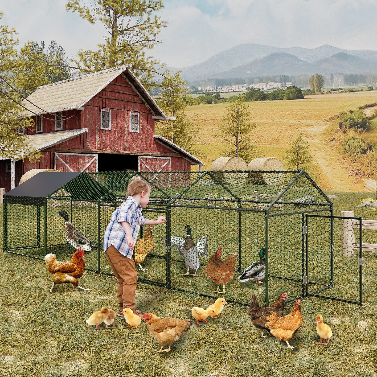 Garvee Metal Chicken Coop with Waterproof and Anti-UV Cover, 160" x40" x40" Large Chicken Run with 4 Doors, Outdoor Hen House for Yard, Walk In Poultry Cage for Rabbit Duck Goose, Black