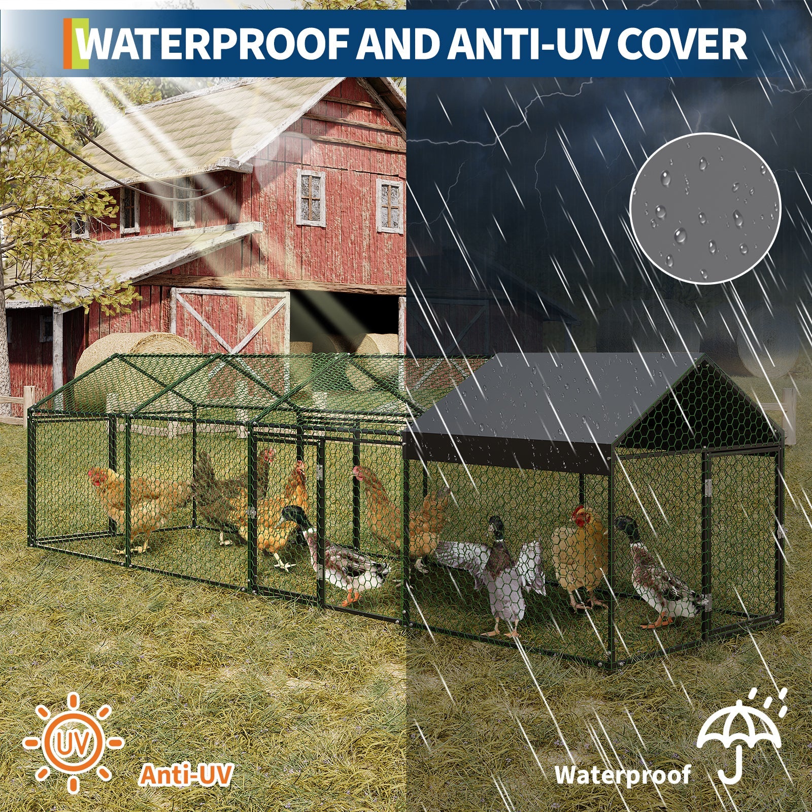 Garvee Metal Chicken Coop with Waterproof and Anti-UV Cover, 160" x40" x40" Large Chicken Run with 4 Doors, Outdoor Hen House for Yard, Walk In Poultry Cage for Rabbit Duck Goose, Black