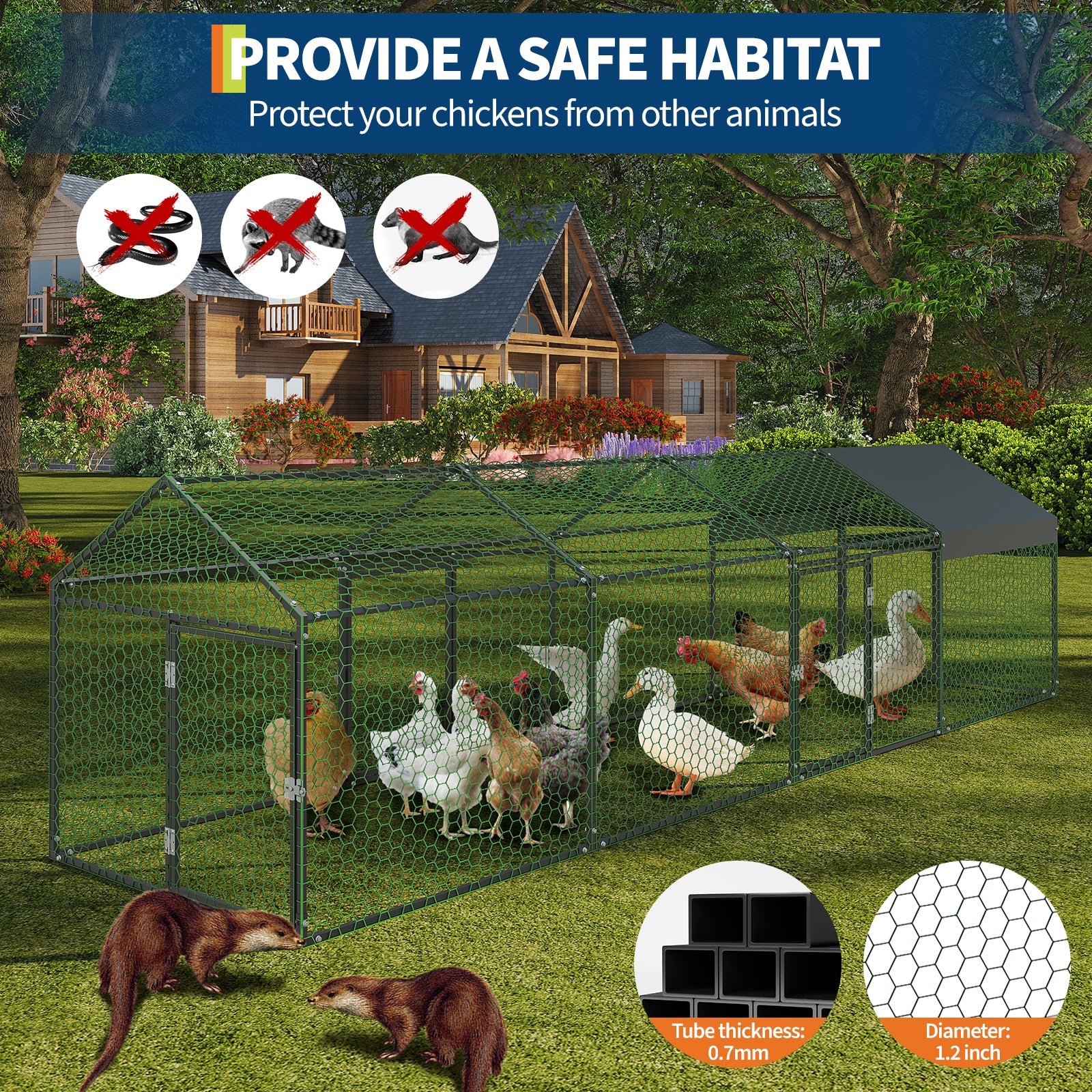 Garvee Metal Chicken Coop with Waterproof and Anti-UV Cover, 160" x40" x40" Large Chicken Run with 4 Doors, Outdoor Hen House for Yard, Walk In Poultry Cage for Rabbit Duck Goose, Black