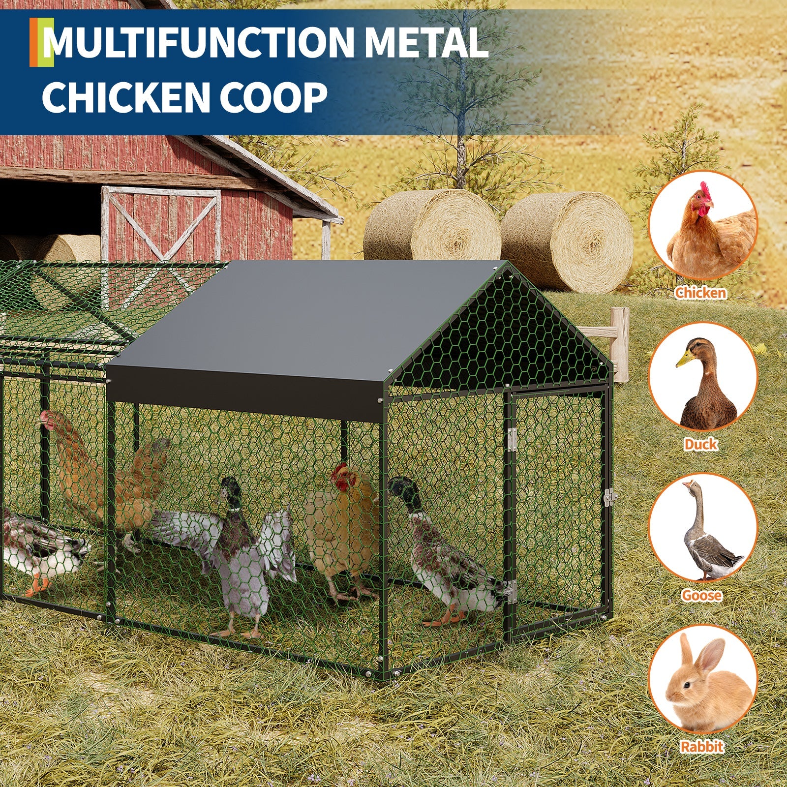 Garvee Metal Chicken Coop with Waterproof and Anti-UV Cover, 160" x40" x40" Large Chicken Run with 4 Doors, Outdoor Hen House for Yard, Walk In Poultry Cage for Rabbit Duck Goose, Black