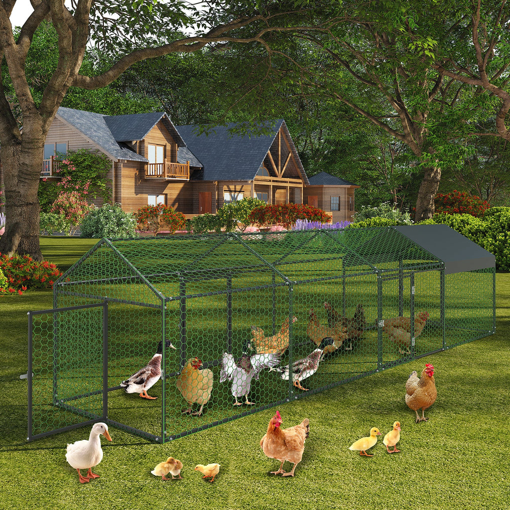 Garvee Metal Chicken Coop with Waterproof and Anti-UV Cover, 160" x40" x40" Large Chicken Run with 4 Doors, Outdoor Hen House for Yard, Walk In Poultry Cage for Rabbit Duck Goose, Black