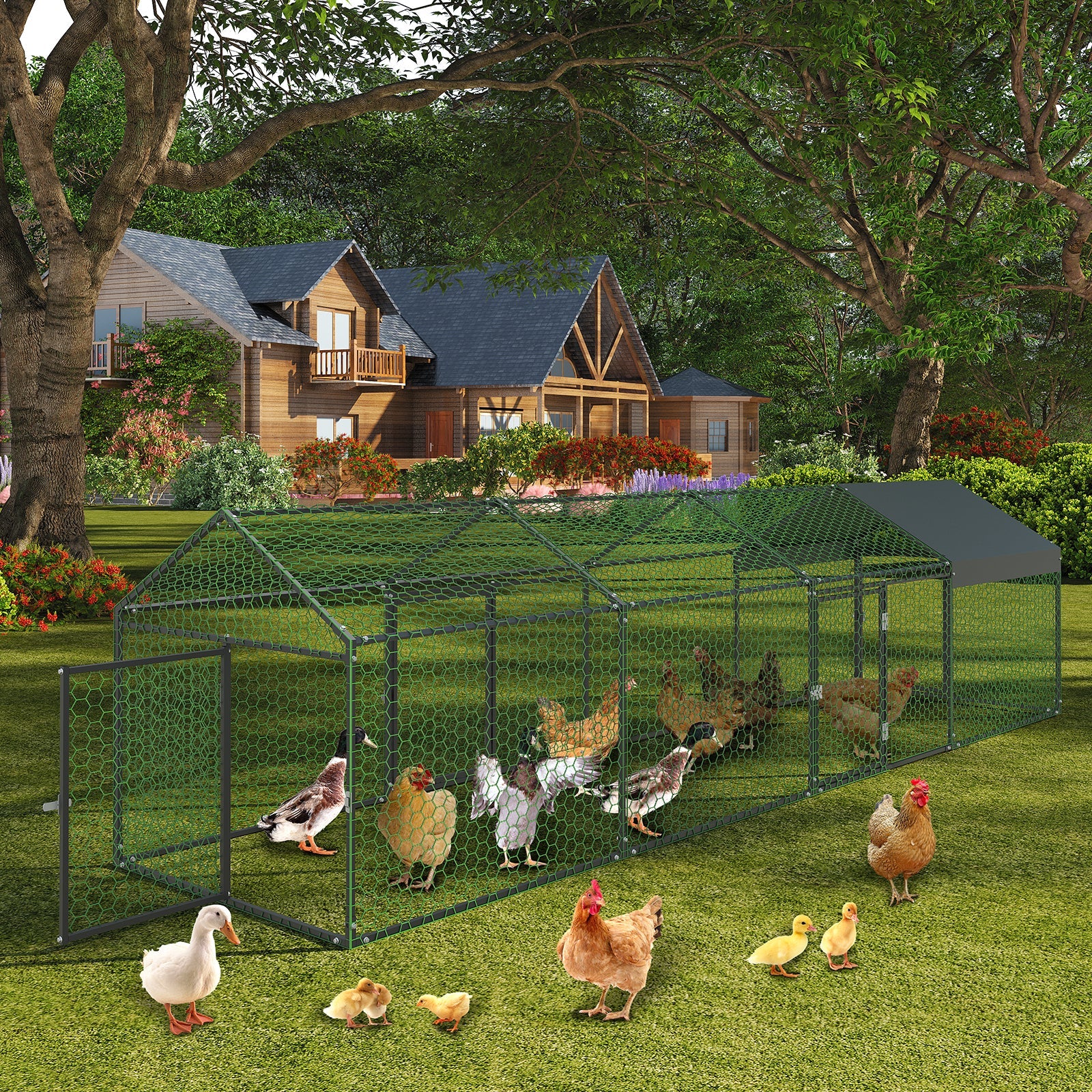 Garvee Metal Chicken Coop with Waterproof and Anti-UV Cover, 160" x40" x40" Large Chicken Run with 4 Doors, Outdoor Hen House for Yard, Walk In Poultry Cage for Rabbit Duck Goose, Black
