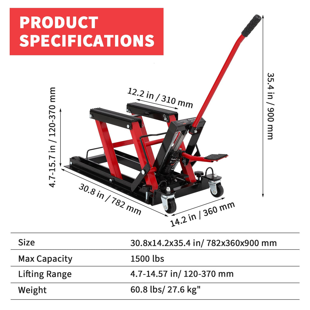 Garvee Hydraulic Motorcycle Lift Jack, 1500 lbs Capacity Steel ATV Scissor Lift with Wheels & Handle, Portable Garage & Workshop Hoist Stand