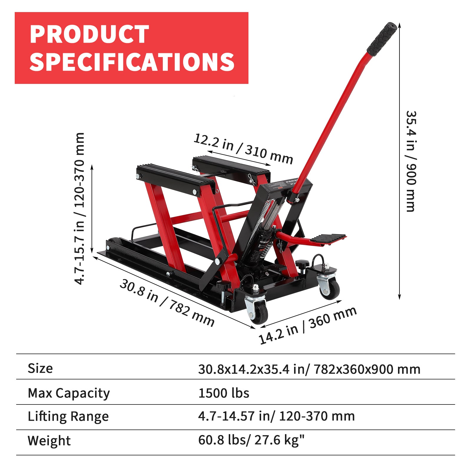 Garvee Hydraulic Motorcycle Lift Jack, 1500 lbs Capacity Steel ATV Scissor Lift with Wheels & Handle, Portable Garage & Workshop Hoist Stand