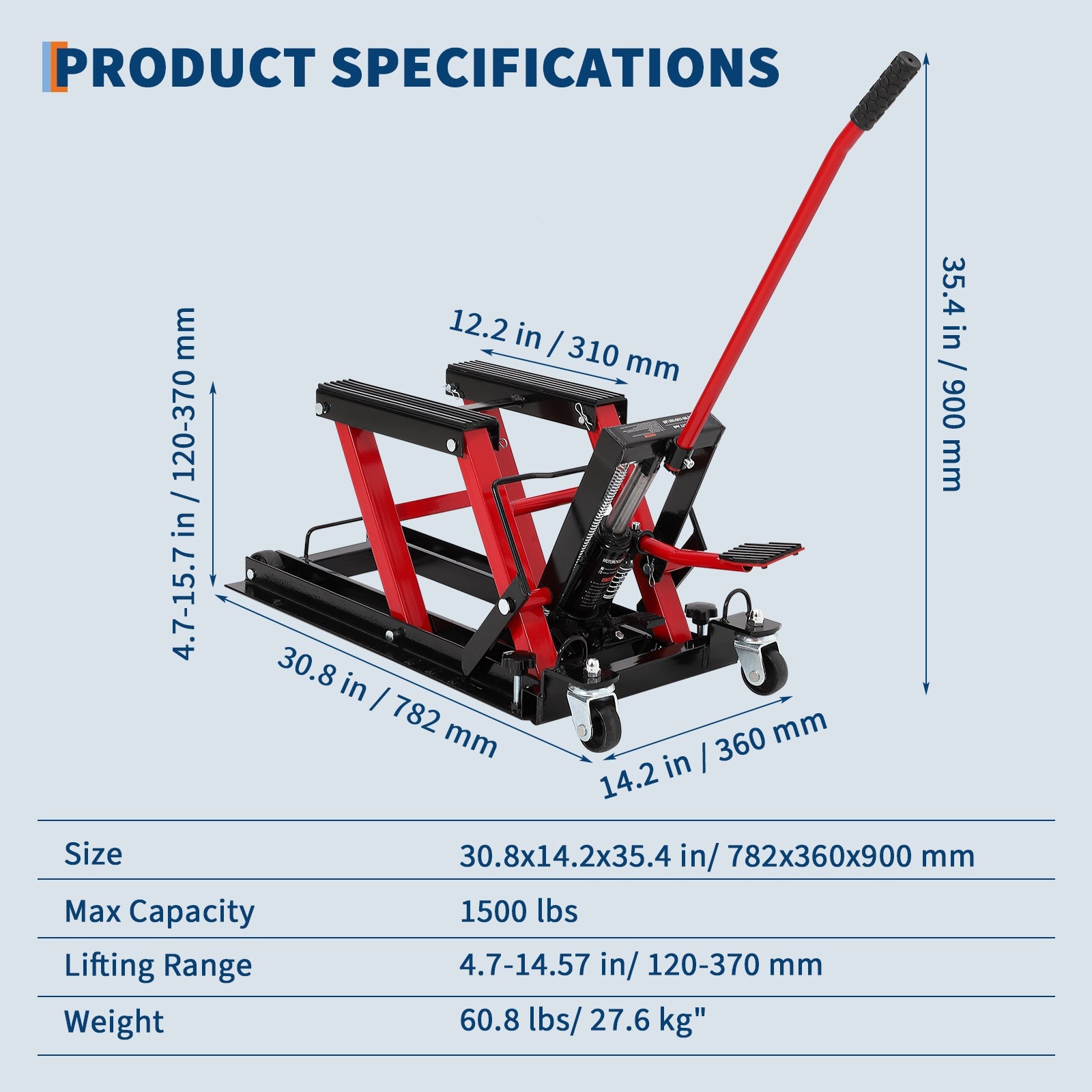 Garvee Hydraulic Motorcycle Lift Jack, 1500 lbs Capacity Steel ATV Scissor Lift with Wheels & Handle, Portable Garage & Workshop Hoist Stand
