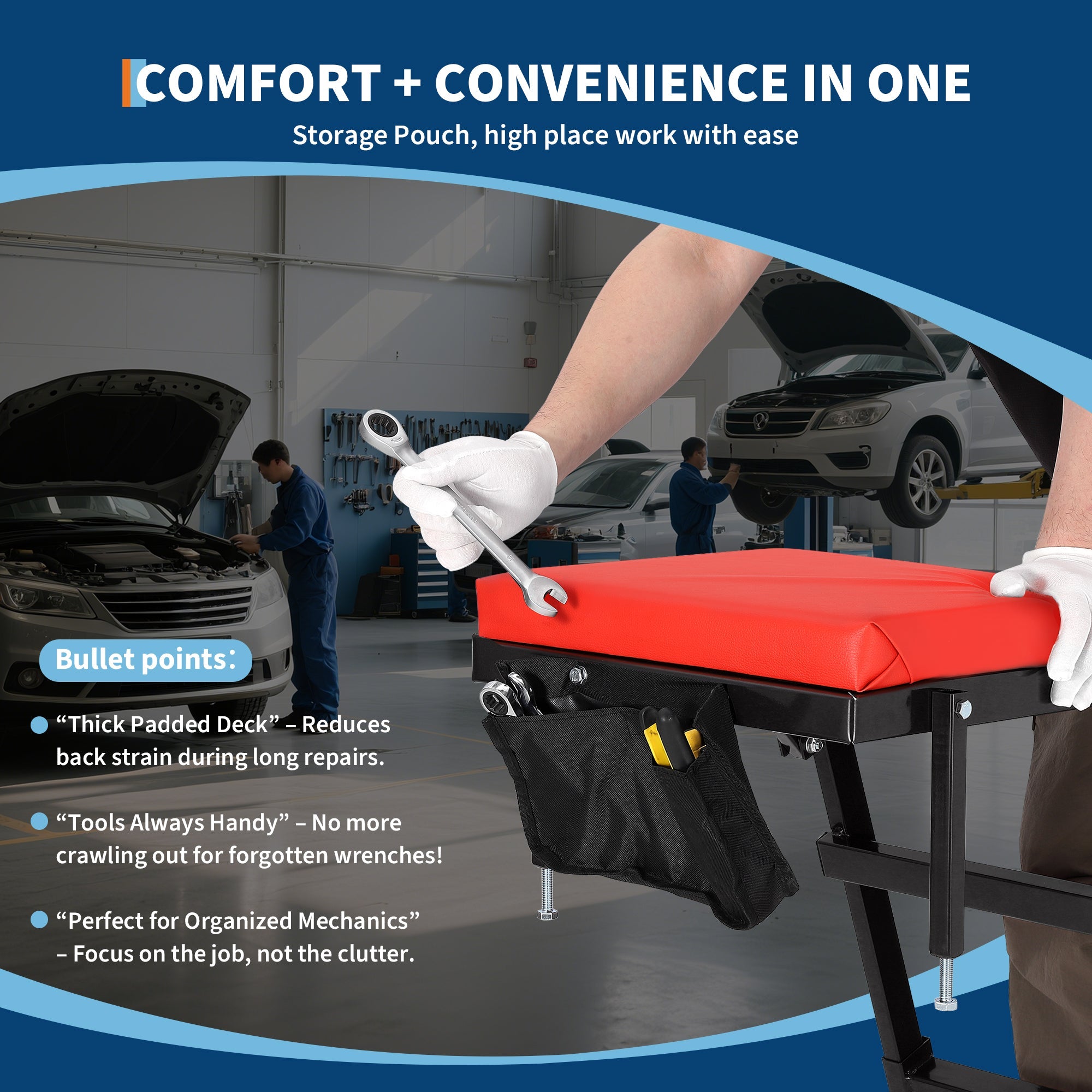 Garvee Adjustable High-Top Automotive Creeper Seat - 400 lbs Capacity Mechanic Work Seat, 49" to 69" Extendable Design with Locking Wheels and Tool Tray for Under-Hood and Engine Repairs, Trucks, and Garage Use, Black