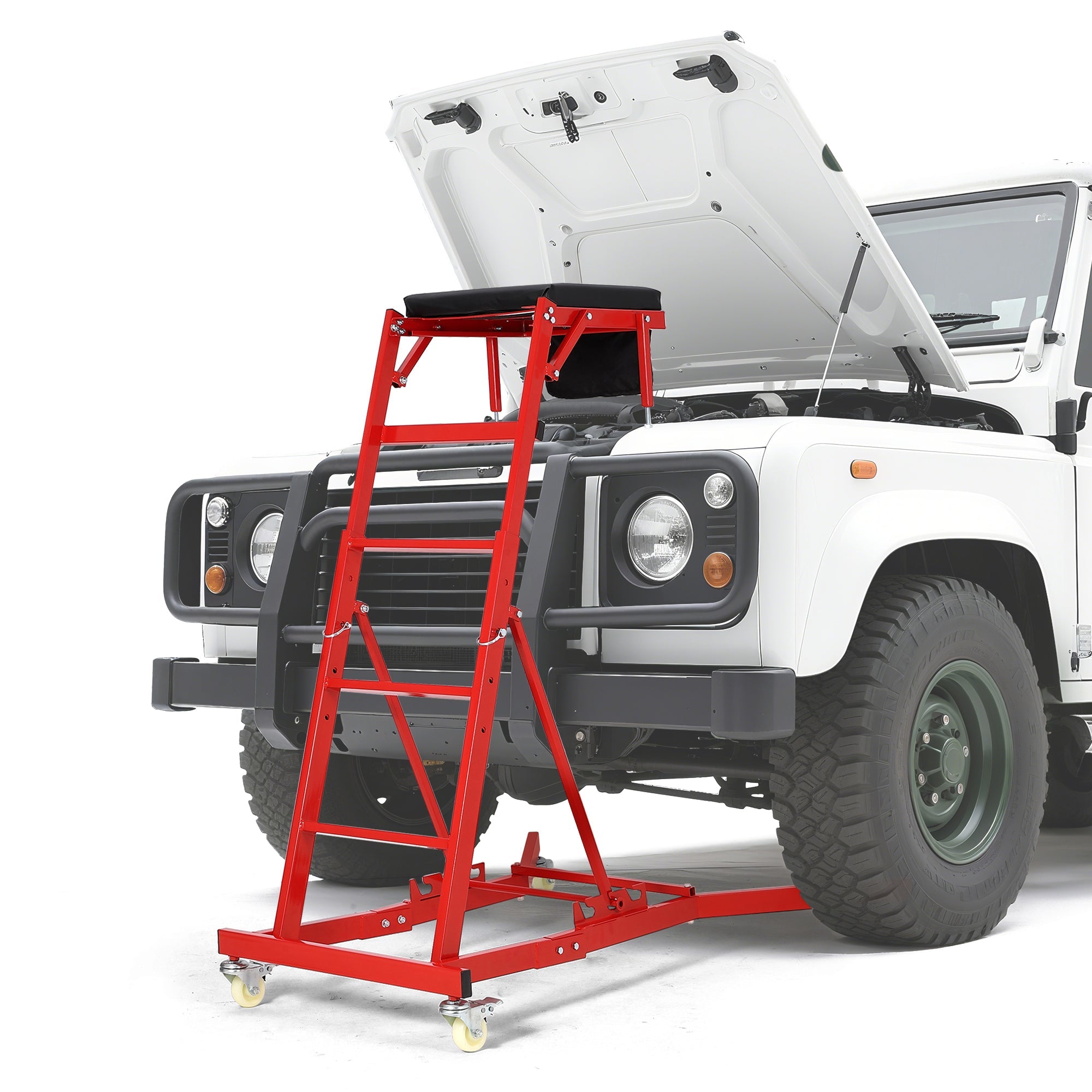 Garvee Adjustable High-Top Automotive Creeper Seat - 400 lbs Capacity Mechanic Work Seat, 49" to 69" Extendable Design with Locking Wheels and Tool Tray for Under-Hood and Engine Repairs, Trucks, and Garage Use, Red