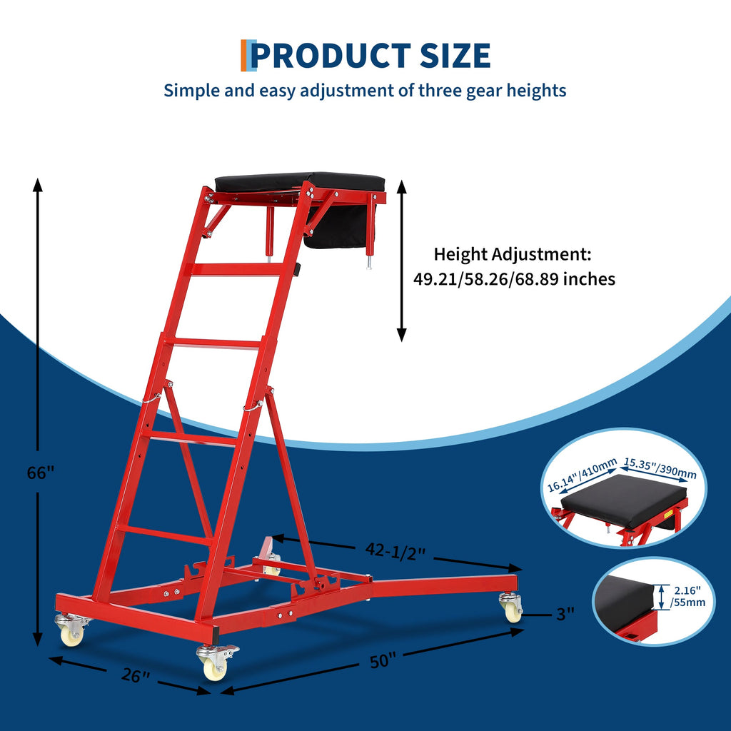 Garvee Adjustable High-Top Automotive Creeper Seat - 400 lbs Capacity Mechanic Work Seat, 49" to 69" Extendable Design with Locking Wheels and Tool Tray for Under-Hood and Engine Repairs, Trucks, and Garage Use, Red