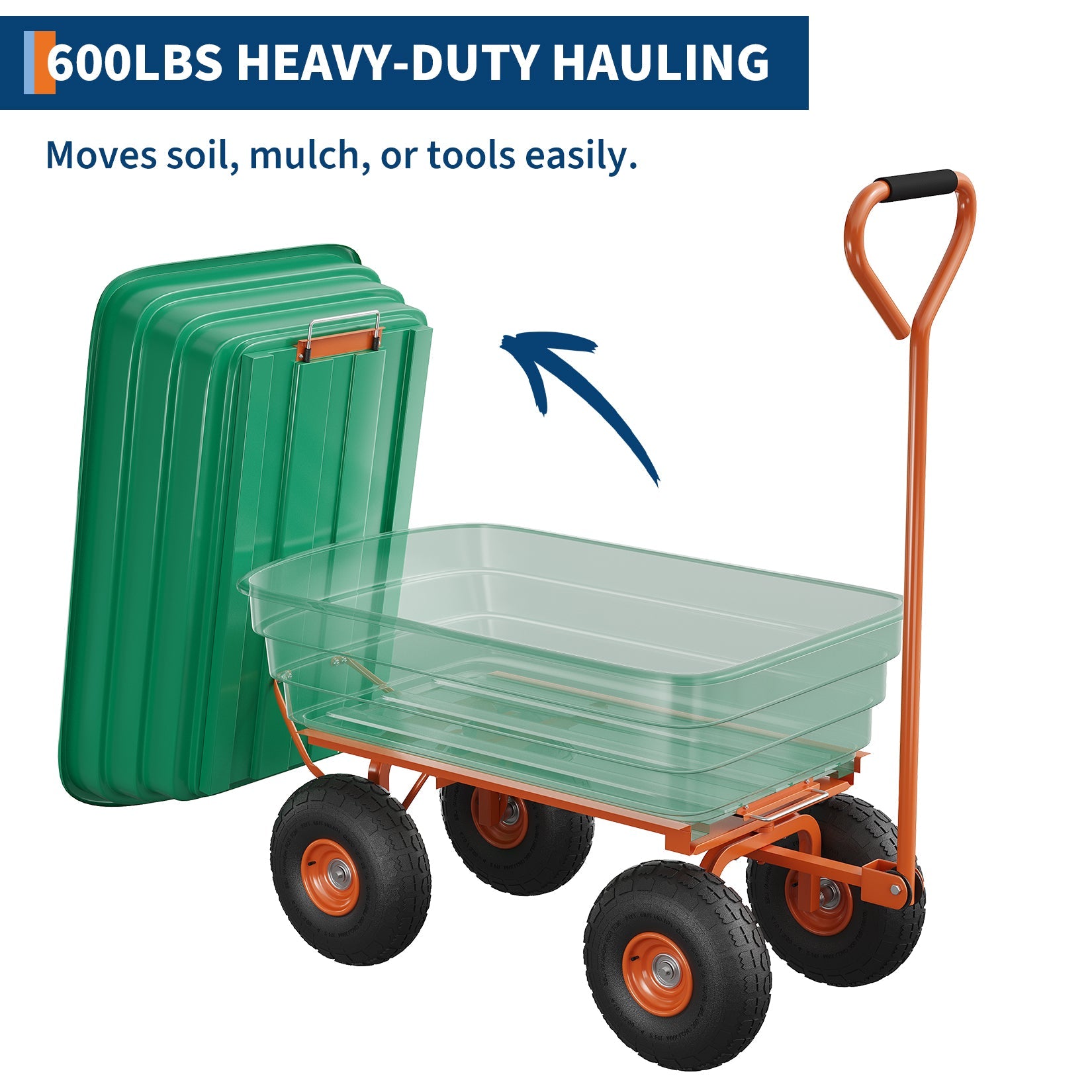 Garvee 1200 lb Garden Dump Cart, All-Terrain Yard Wagon with Quick Dump, Adjustable Handle, Heavy-Duty Steel Frame Utility Cart