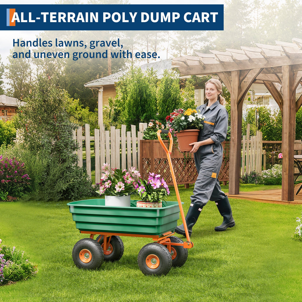 Garvee 1200 lb Garden Dump Cart, All-Terrain Yard Wagon with Quick Dump, Adjustable Handle, Heavy-Duty Steel Frame Utility Cart
