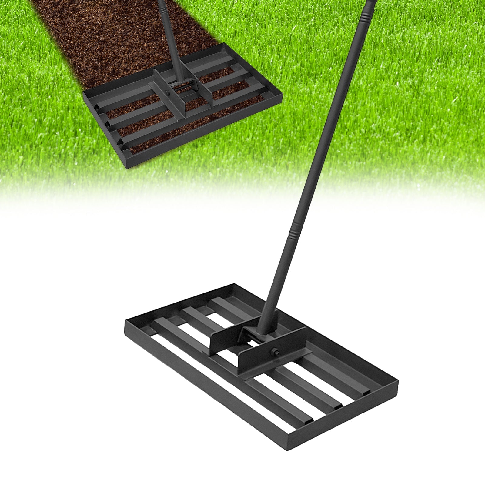 Garvee steel lawn leveling rake with adjustable handle 17"x10" Durable metal construction for precise soil & grass leveling. Ideal for yards