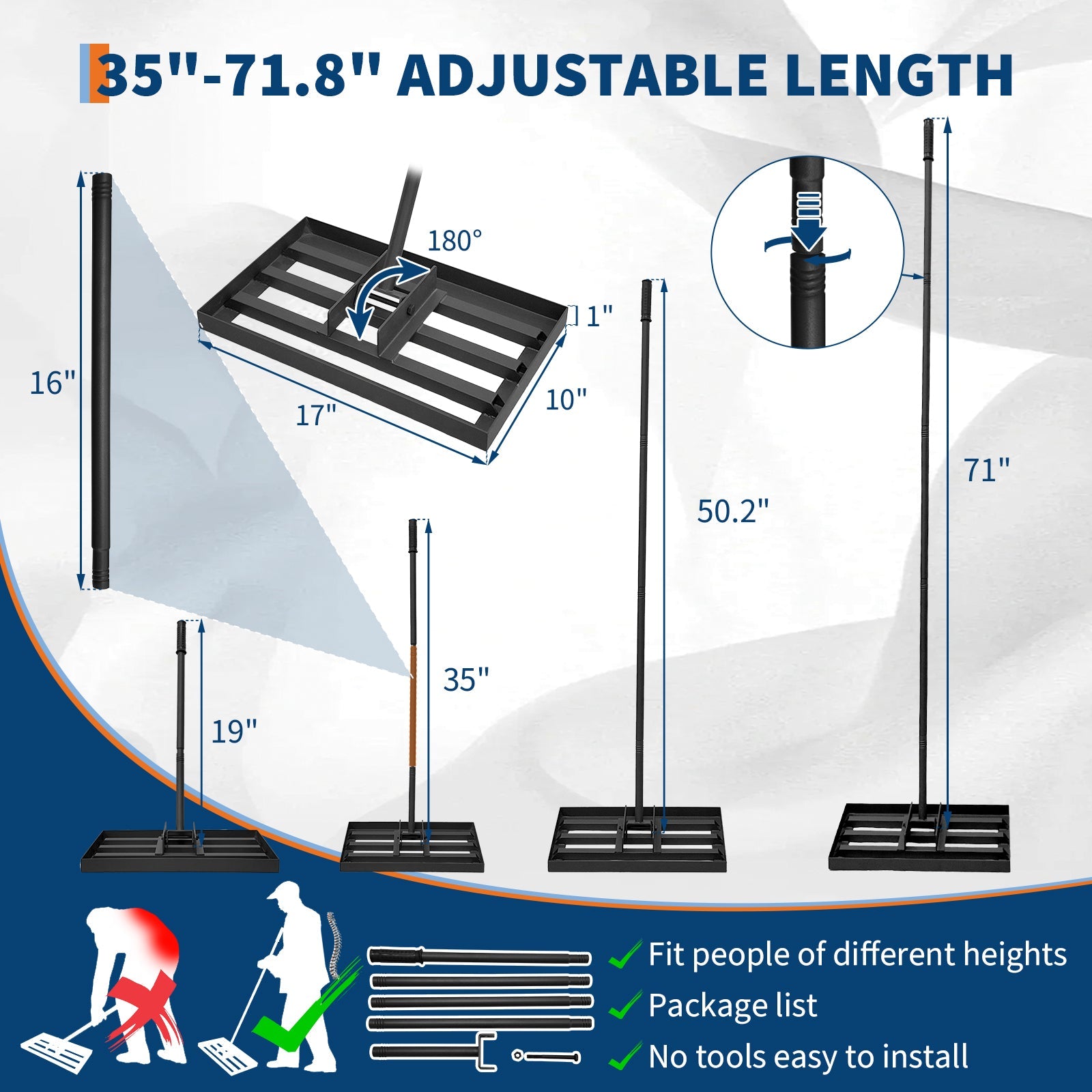 Garvee steel lawn leveling rake with adjustable handle 17"x10" Durable metal construction for precise soil & grass leveling. Ideal for yards