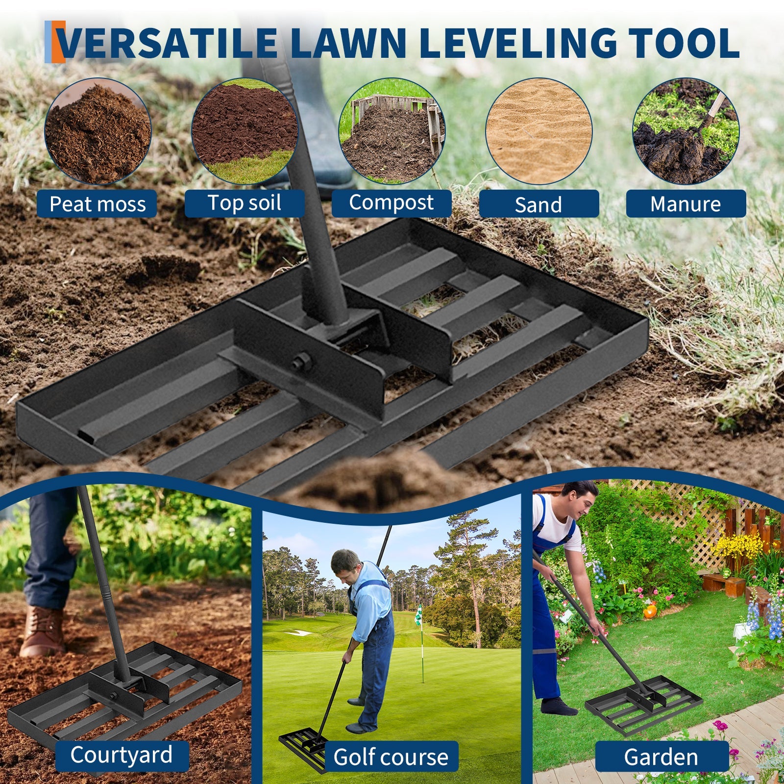 Garvee steel lawn leveling rake with adjustable handle 17"x10" Durable metal construction for precise soil & grass leveling. Ideal for yards