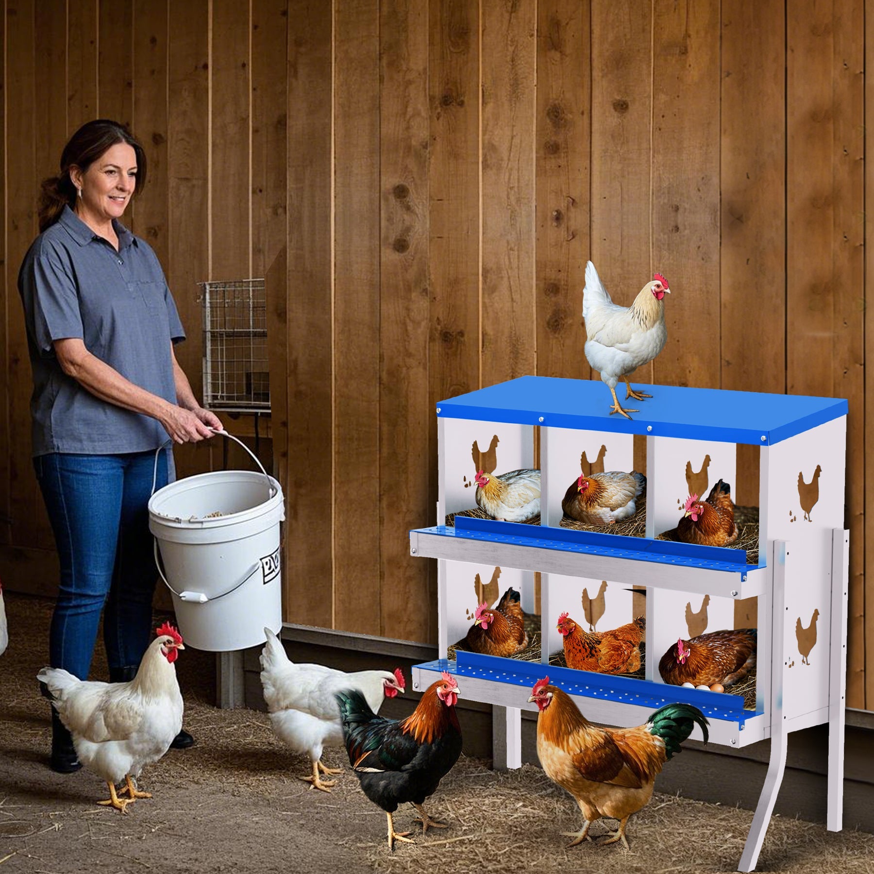 Garvee 6-Hole Bracket Legs Chicken Nesting Box Galvanized Steel Rustproof Automatic Egg Collection Ventilated Easy Install Wall or Freestanding for Chicken Coop Blue