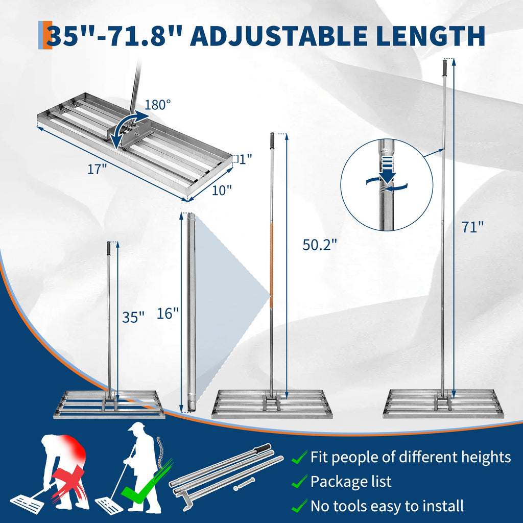 Garvee lawn leveling rake with adjustable steel handle 30”x10”,Durable metal construction for soil grading & yard care. Perfect for gardens & lawns