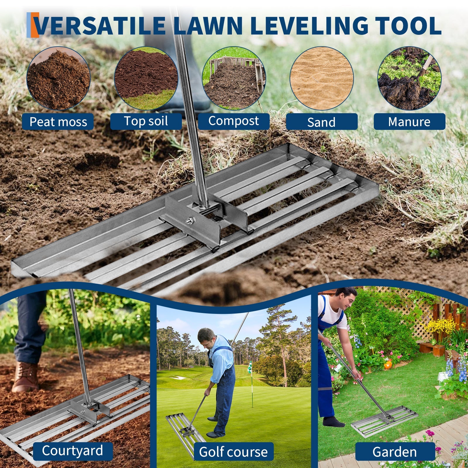 Garvee lawn leveling rake with adjustable steel handle 30”x10”,Durable metal construction for soil grading & yard care. Perfect for gardens & lawns