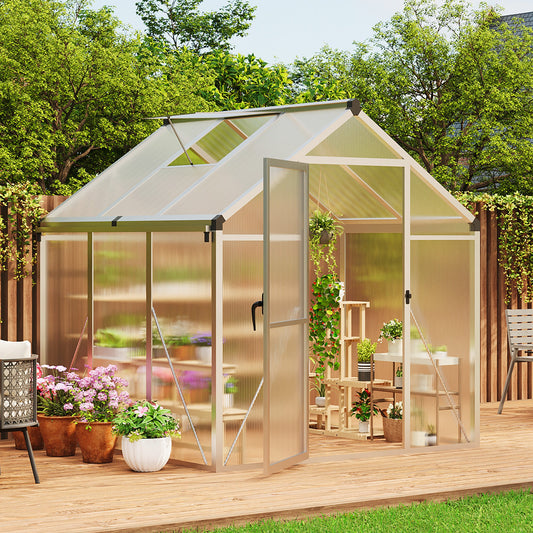 Garvee 6x6 FT Polycarbonate Greenhouse with Roof Vent and Lockable Door, Aluminum Frame, Water Gutter System, Outdoor Garden Patio Lawn