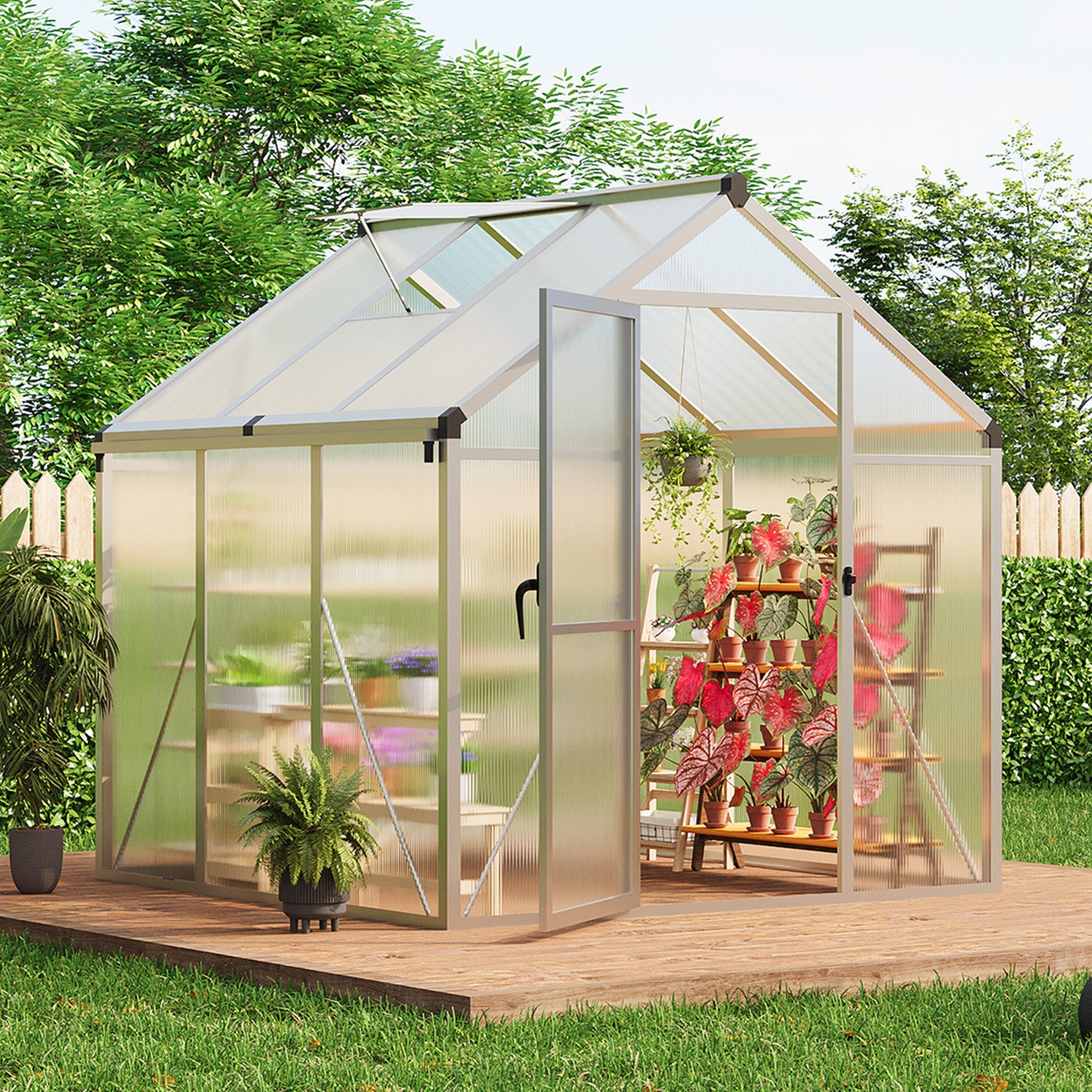 Garvee 6x6 FT Polycarbonate Greenhouse with Roof Vent and Lockable Door, Aluminum Frame, Water Gutter System, Outdoor Garden Patio Lawn