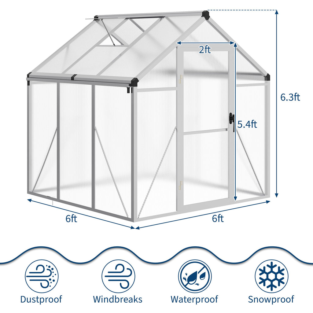 Garvee 6x6 FT Polycarbonate Greenhouse with Roof Vent and Lockable Door, Aluminum Frame, Water Gutter System, Outdoor Garden Patio Lawn