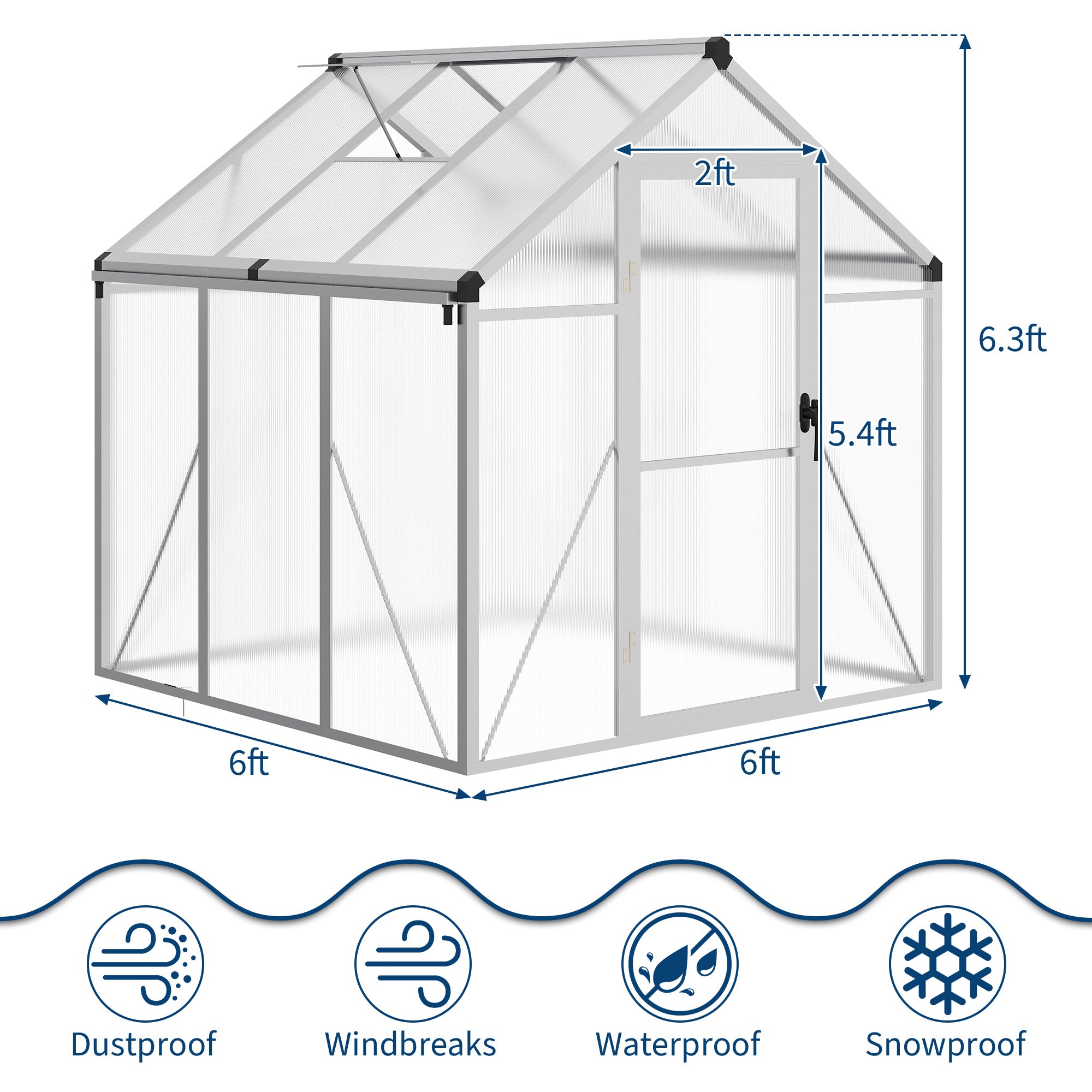 Garvee 6x6 FT Polycarbonate Greenhouse with Roof Vent and Lockable Door, Aluminum Frame, Water Gutter System, Outdoor Garden Patio Lawn