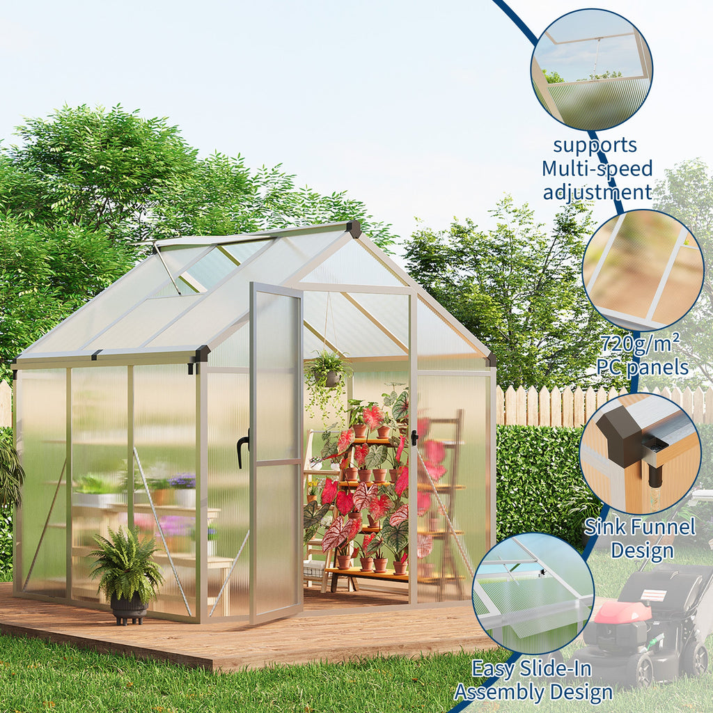 Garvee 6x6 FT Polycarbonate Greenhouse with Roof Vent and Lockable Door, Aluminum Frame, Water Gutter System, Outdoor Garden Patio Lawn