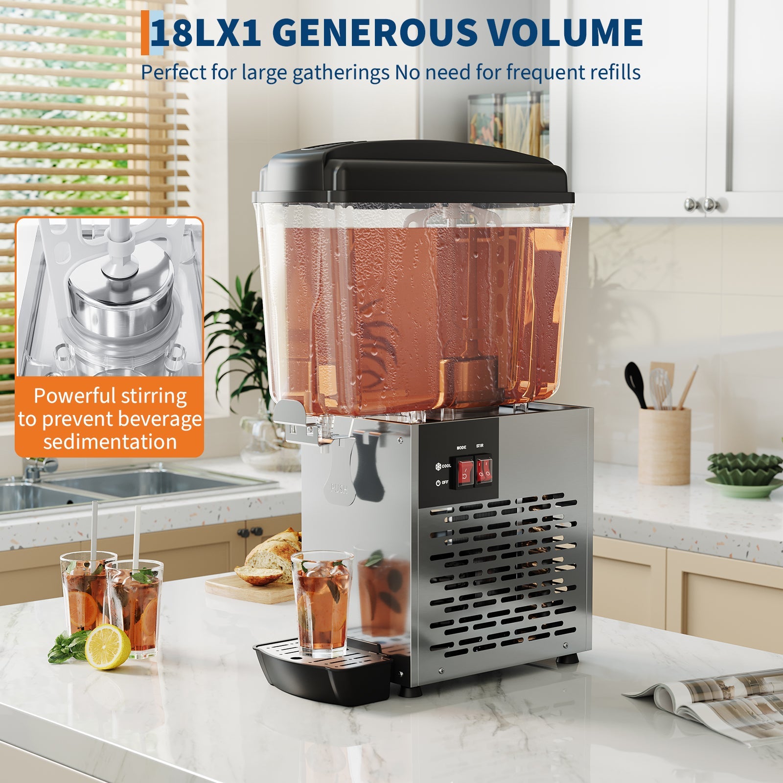 Garvee Commercial Beverage Dispenser 1 Tank 18L Stainless Steel Juice Dispenser for Restaurant Bar Party Cold Drinks