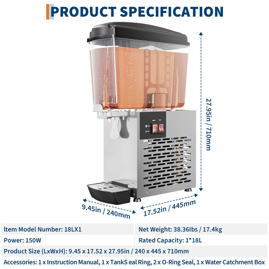 Garvee Commercial Beverage Dispenser 1 Tank 18L Stainless Steel Juice Dispenser for Restaurant Bar Party Cold Drinks