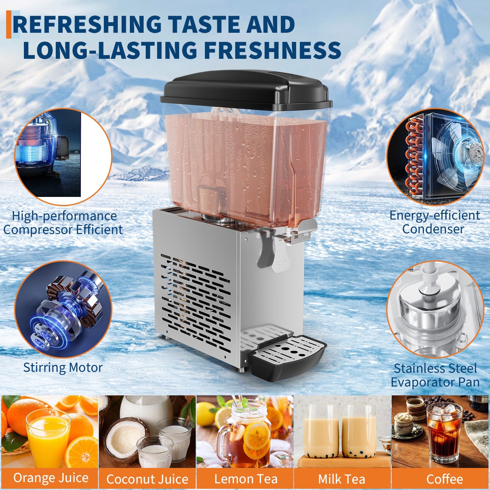 Garvee Commercial Beverage Dispenser 1 Tank 18L Stainless Steel Juice Dispenser for Restaurant Bar Party Cold Drinks