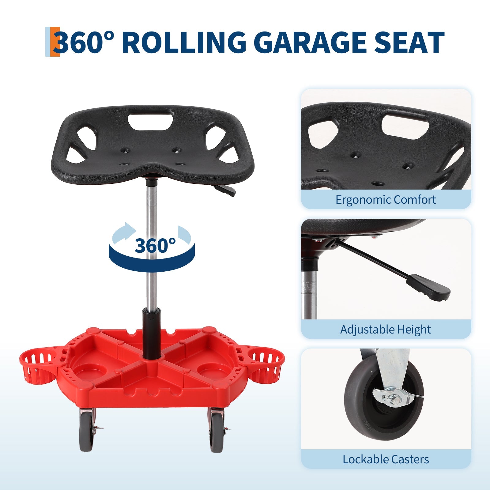 Garvee Rolling Mechanic Stool, 300 lbs Capacity, 19''-25'' Height Adjustable Ergonomic Steel Frame Tool Tray Lockable Swivel Wheels Garage Workshop