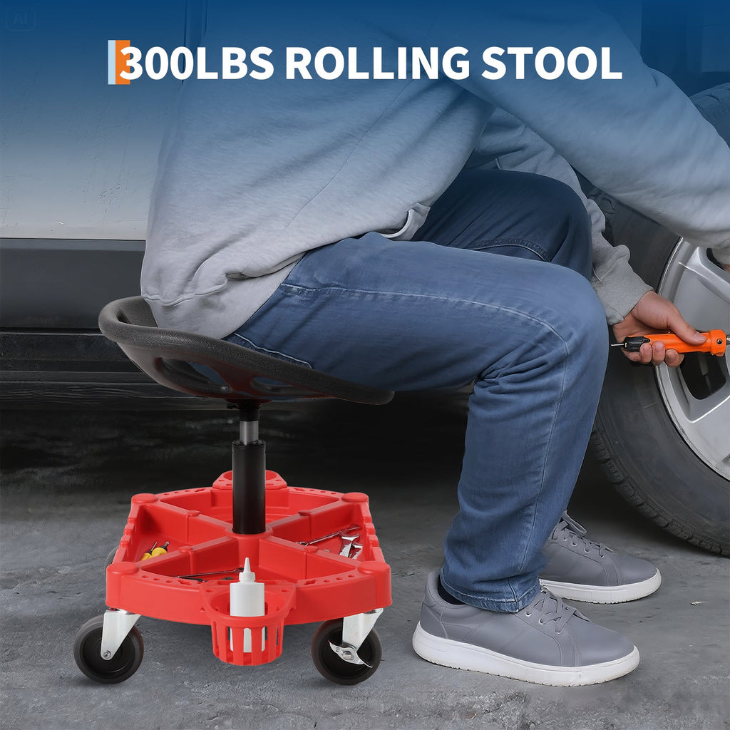 Garvee Rolling Mechanic Stool, 300 lbs Capacity, 19''-25'' Height Adjustable Ergonomic Steel Frame Tool Tray Lockable Swivel Wheels Garage Workshop