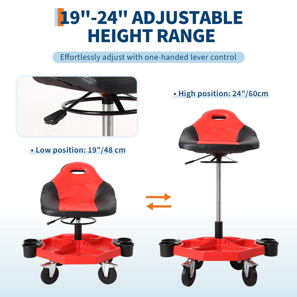 Garvee Rolling Mechanic Stool, 300 lbs Capacity, Height Adjustable 19''-24'' Soft Cushion Steel Frame Tool Tray Lockable Swivel Wheels Red Garage Workshop