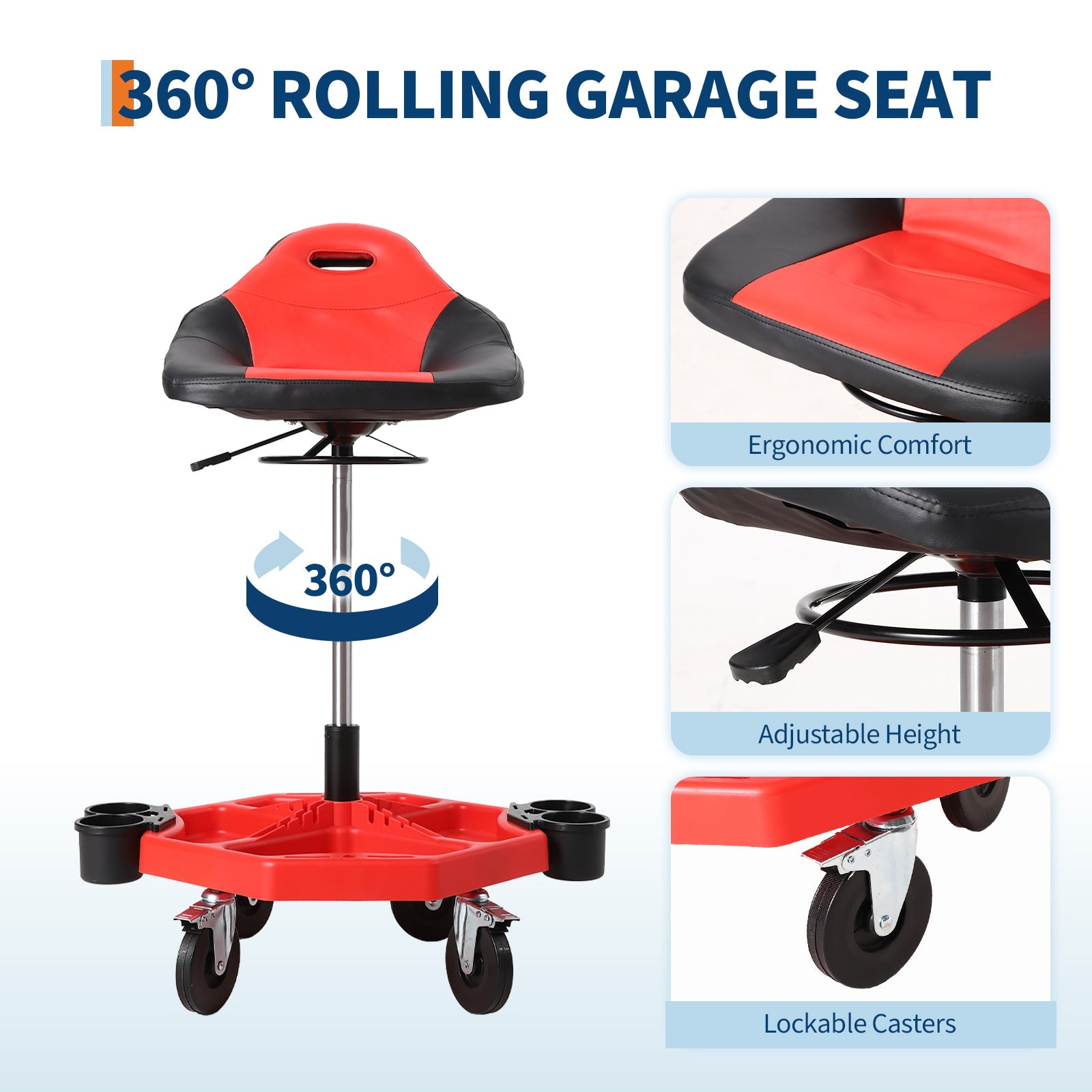 Garvee Rolling Mechanic Stool, 300 lbs Capacity, Height Adjustable 19''-24'' Soft Cushion Steel Frame Tool Tray Lockable Swivel Wheels Red Garage Workshop
